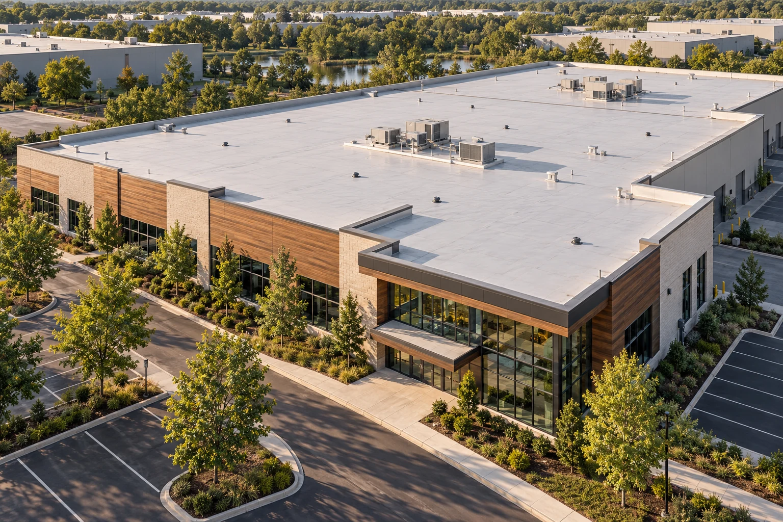 New membrane roof on a contemporary commercial building