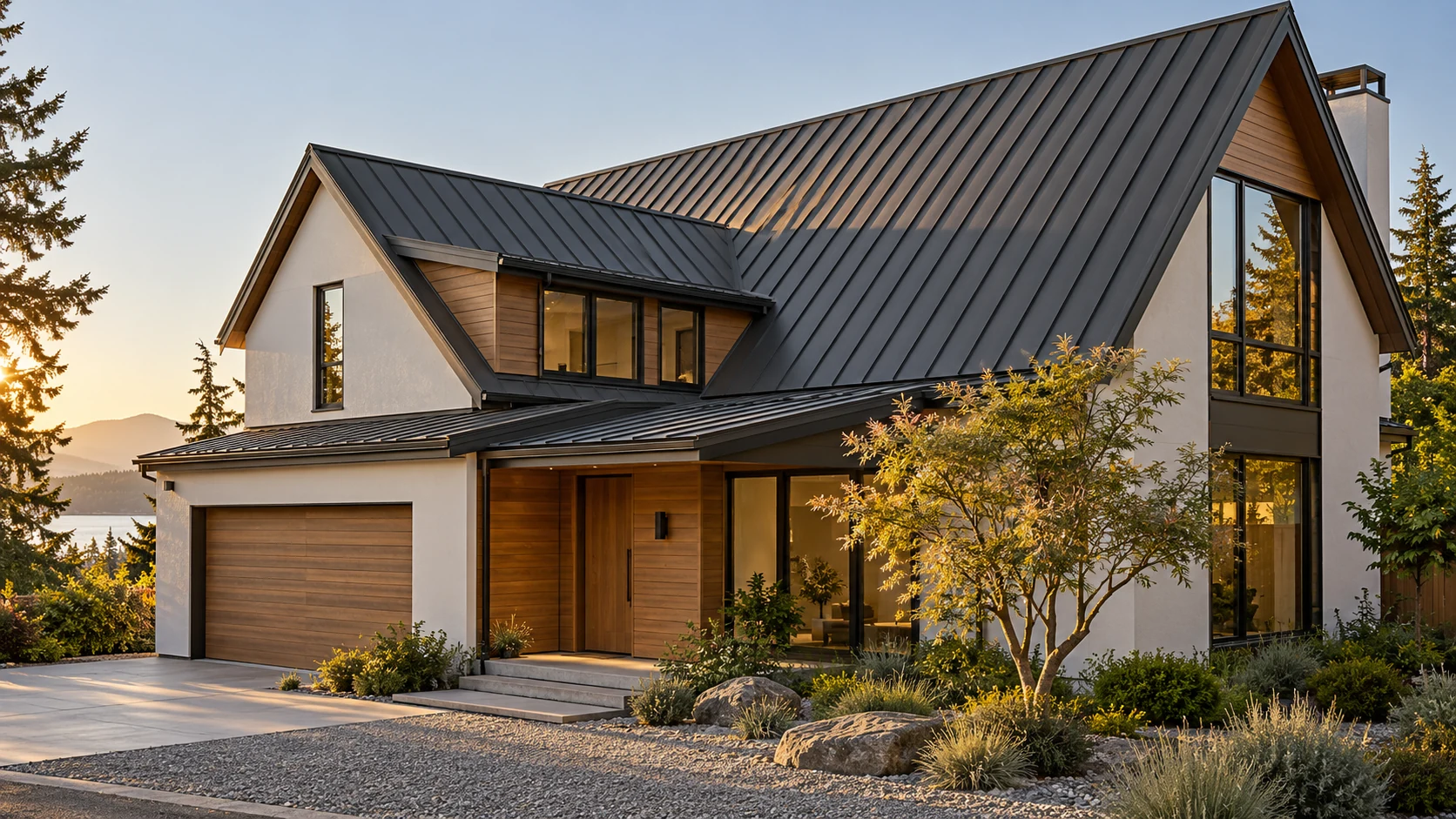 Graphite standing-seam roof on a modern timber and stucco home
