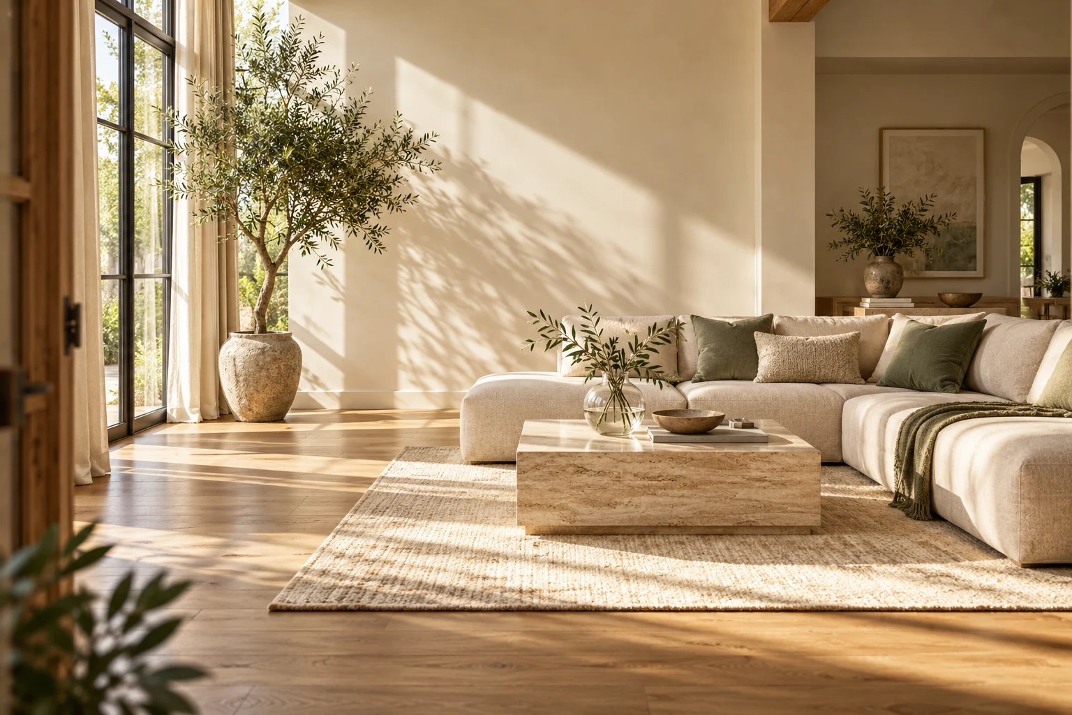 Sunlit living room with a linen sofa, olive tree and freshly cared-for surfaces