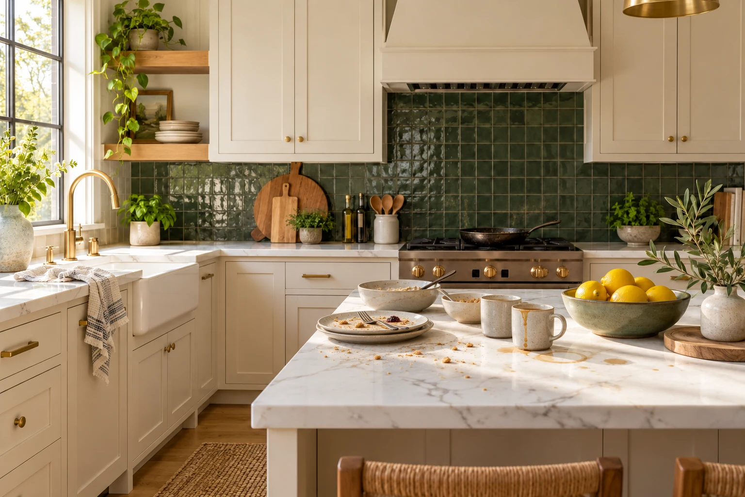 Same kitchen before the illustrative reset, with everyday mess