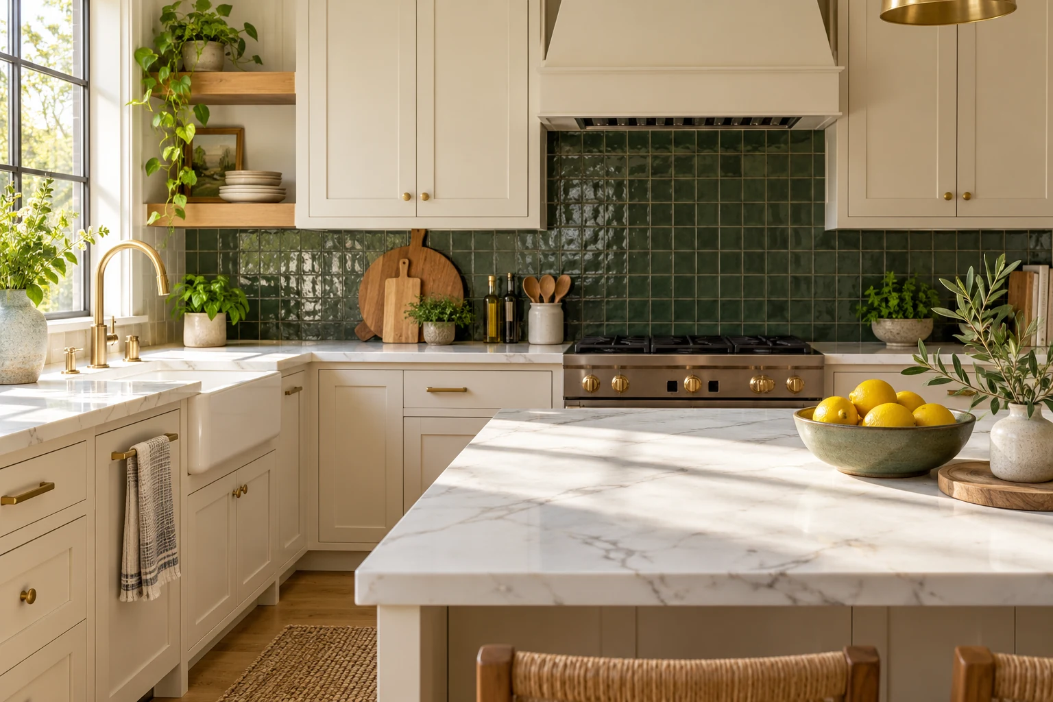 Spotless warm kitchen with brass tap and green tile