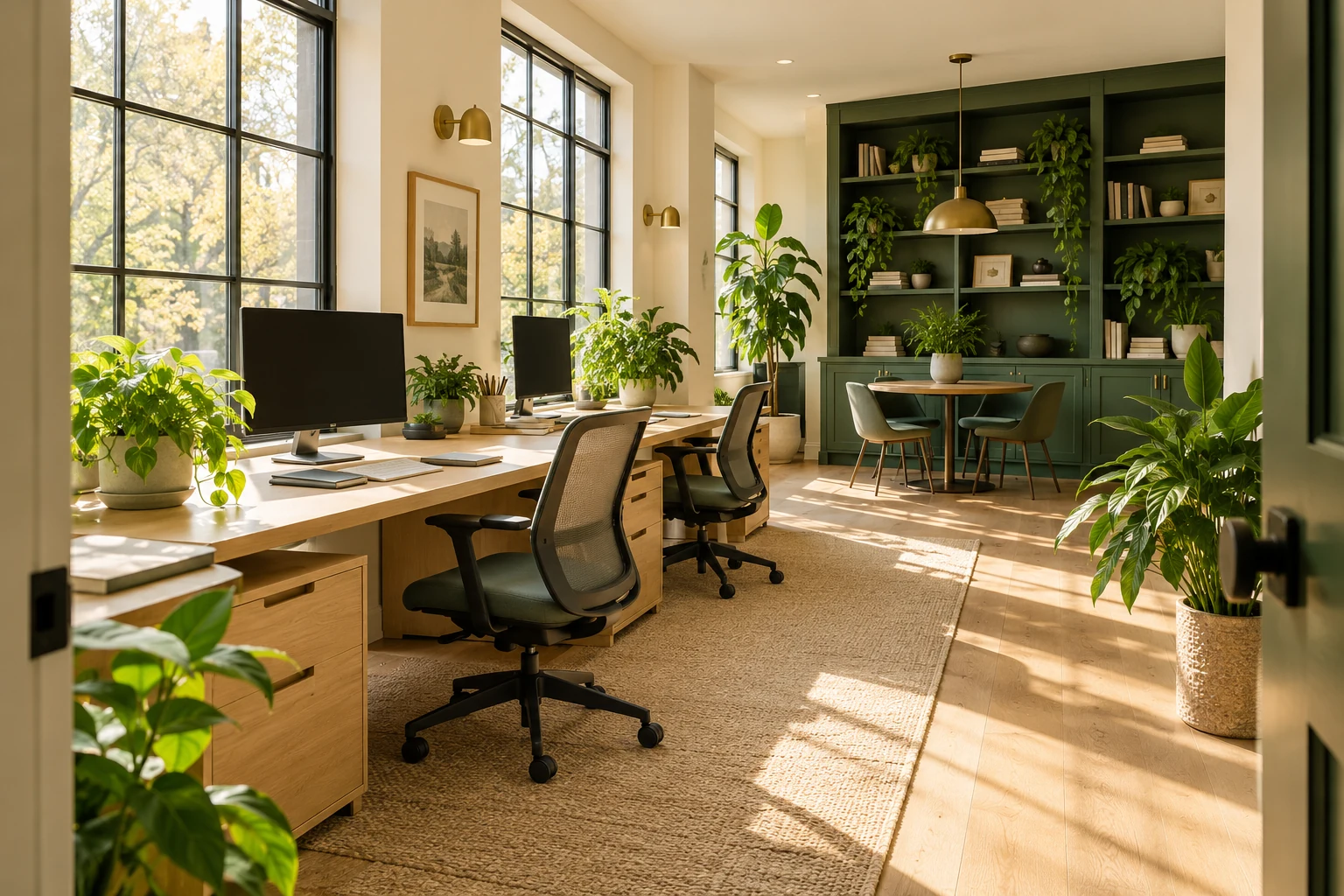Bright modern workspace with plants and clean desks